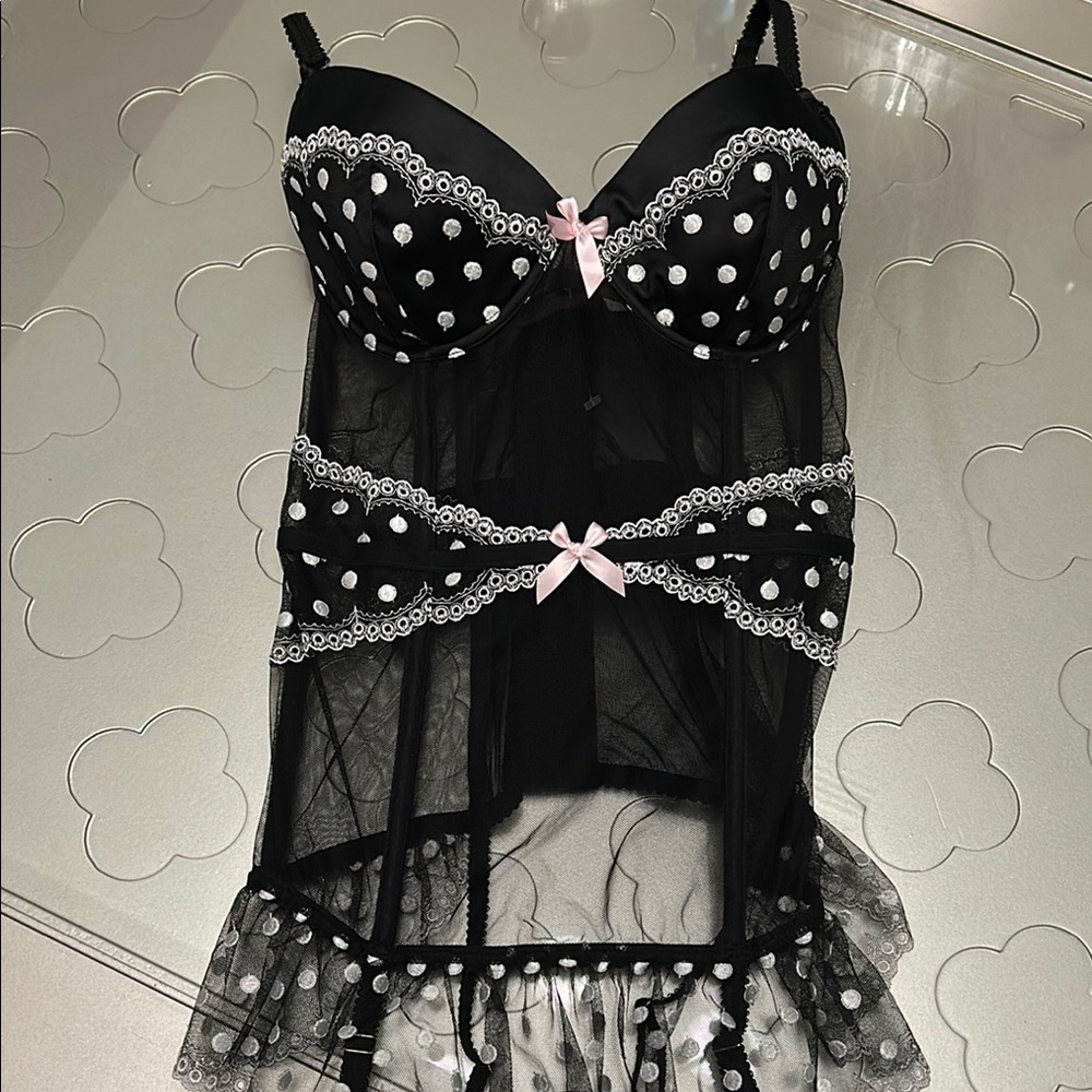 🆕 VICTORIA’S SECRET Black Bustier Corset Polka Dots Garters NWT Size 36D - Picture 16 of 16